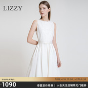 lizzy秋季高端女装白色，蕾丝圆领无袖收腰a字连衣裙宴会装