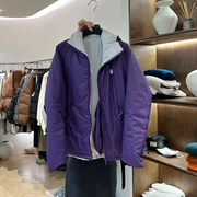 紫色户外两面穿连帽冲锋衣女，秋冬十三行女装，山系棉服运动外套