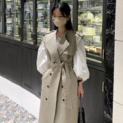 韩国chic法式翻领双排扣系带无袖风衣外套+简约圆领灯笼袖连衣裙