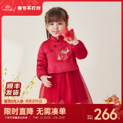 英氏女童新年裙子，国风冬季宝宝，加绒连衣裙红色拜年服