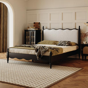 法式复古床中古黑色极简1.8米美式轻奢床实木，双人主卧家具软包床
