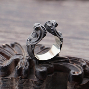 铁头的店superbialy双面神视雕花，戒指日式磨砂雾化暗黑系纯银指环