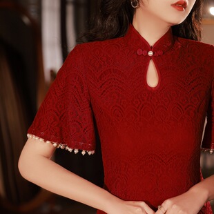 贝之韵2024年春季红色，蕾丝旗袍气质优雅年轻款公司年会晚礼服