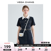 vegachang牛仔连衣裙夏季女2024年法式蕾丝，娃娃领衬衫裙子