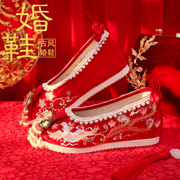 原创红色古风汉服婚鞋中式复古秀禾婚鞋新娘，结婚鞋坡跟低跟绣花鞋