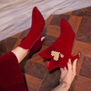 红色高跟鞋女冬季加绒短靴中式不累脚秀禾婚纱，两穿新娘鞋细跟婚鞋