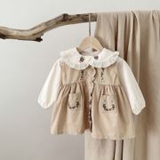 ins婴儿套装裙子，春女宝宝洋气刺绣娃娃，领哈衣单排扣连衣裙两件套