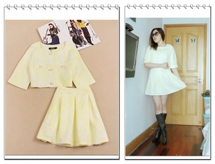 甜美浅黄色凹凸印花两件套裙装价638