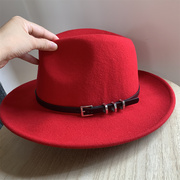 大红色帽子秋冬羊毛呢爵士帽男女通用英伦名媛复古礼帽时尚百搭韩