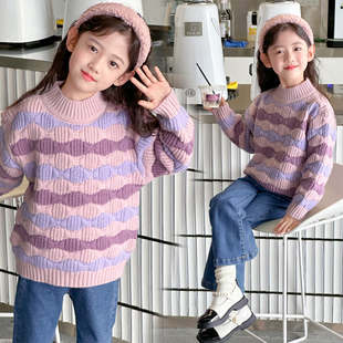 女童毛衣秋冬装洋气儿童，中领针织衫女孩加绒加厚紫色，条纹上衣大童