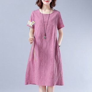 送妈妈紫色棉麻，连衣裙2023夏季文艺减龄中年，女装洋气裙子