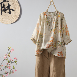 夏季复古圆领碎花苎麻短袖衬衫女文艺范宽松套头显瘦印花上衣