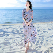 夏季修身五分袖中长超仙，雪纺连衣裙泰国普吉岛海边度假三亚沙滩裙