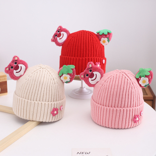 宝宝帽子秋冬款可爱草莓熊婴儿保暖毛线帽女童儿童冬季针织套头帽