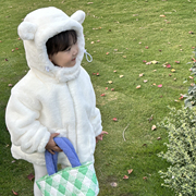 女宝宝冬装加绒皮草外套儿童白色小熊连帽毛毛棉衣加厚保暖2022新