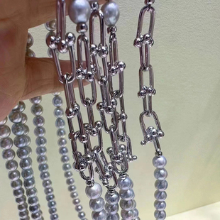s925纯银时尚珍珠粗细马蹄U型项链手链毛衣链手工diy制作串珠银扣