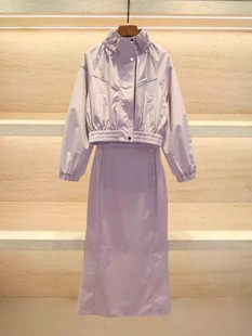 户外春装搭配一整套时尚紫色高领收腰短款外套半身裙子套装女2024