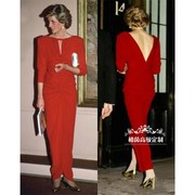 高级定制戴安娜王妃同款红色露背连衣裙修身五分袖优雅鱼尾礼服裙