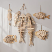 地中海风格木质大小鱼串鱼骨，挂件创意渔网挂饰家居墙上装饰品壁饰