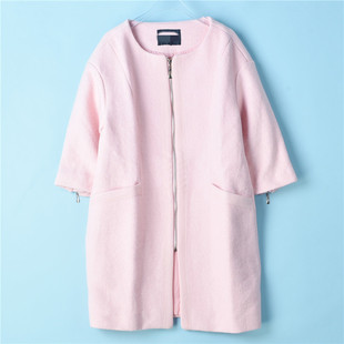 521韩版纯色圆领羊毛呢，大衣女72715直筒，宽松九分袖风衣中长款外套
