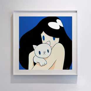 日本当代艺术潮画装饰画潮流挂画天野，健版画维纳斯和猫抱猫女孩