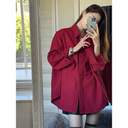 酒红色长袖衬衫女2024夏季慵懒风宽松上衣高级感叠穿衬衣外套