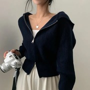 韩国chic秋季法式减龄设计感双拉链，连帽针织开衫修身短款毛衣外套