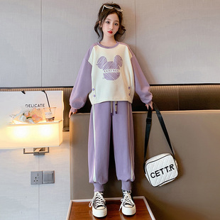 女童紫色秋季套装姐妹装五六七八十三岁小女孩远选功运动衣服卫裤