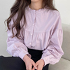 韩国chic温柔香芋紫显白圆领(白圆领)木耳边前后两穿宽松泡泡袖衬衫上衣女