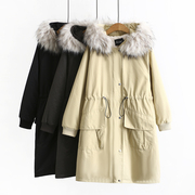 2021冬季韩版大码女士棉衣保暖外套中长款收腰抽绳毛领派克服