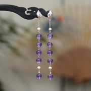 天然紫水晶耳环女款时尚S925银叶子耳饰紫色长款耳坠气质高级大气
