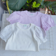 韩国单弹力棉蕾丝泡泡袖，百搭短袖t恤洋气，白色紫宝宝休闲上衣