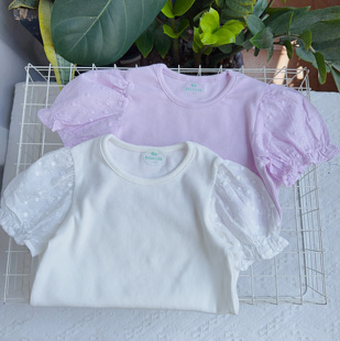 韩国单 弹力棉 蕾丝泡泡袖百搭短袖T恤 洋气 白色紫 宝宝休闲上衣