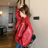 红色皮衣外套女高级感炸街2023秋季韩版宽松小个子机车皮夹克