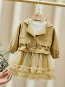 女童秋季套装2023小童时髦皮衣，外套秋装洋气，女宝宝网纱连衣裙