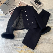 黑色小香风羽绒服套装，女2023冬季狐狸，毛短外套长裙时尚两件套