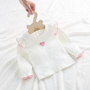 婴儿春秋装打底衫0-3岁女宝宝长袖白色t恤女童，娃娃领绣花上衣洋气