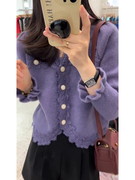 韩系风格上衣软糯糯减龄漂亮洋气，紫色蕾丝花边喇叭袖毛衣短款女冬