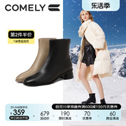 康莉粗跟短靴女2023年冬季圆头，真皮羽绒里保暖时装靴简约靴子