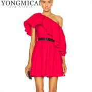 欧美大牌同款私人定制女装，大红色一字领斜肩荷叶裹胸裙时尚小礼服