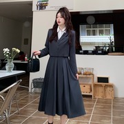 大码女装套装西装+长裙韩系学院风减龄长袖连衣裙子胖MM两件套装