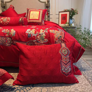 高端新中式100s长绒棉纯棉结婚红色，新婚四件套百子图刺绣高档床品