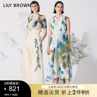 lilybrown春夏款小v领晕染无袖，系带收腰连衣裙lwfo222008