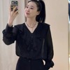 欧阿玛施女装2025春夏款气质百搭V领花边波点长袖透视衬衫530032