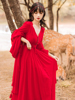 法式复古仙女超仙甜美V领长袖连衣裙新疆沙漠民族风旅拍度假红裙