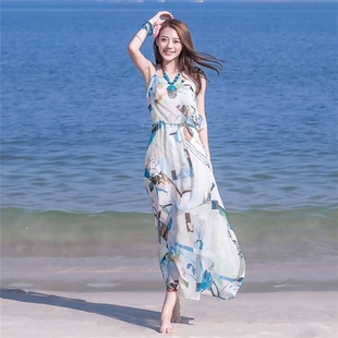 2024夏季韩版修身吊带雪纺连衣裙，海边度假裙波西米亚长裙