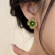 甜美绿色水晶花朵耳钉银针，小众蓝色水钻，耳环耳饰925纯银渐变色