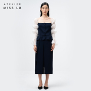 AtelierMissLu设计师品牌荷叶边装饰藏青色七分高腰阔腿裤休闲裤