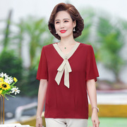 妈妈深红色小衫中年女夏装上衣中老年短秀袖T恤桖裇45-55岁打底衫