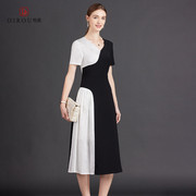 2023夏季女黑白拼色时尚，v领连衣裙气质显瘦正式场合礼服长裙